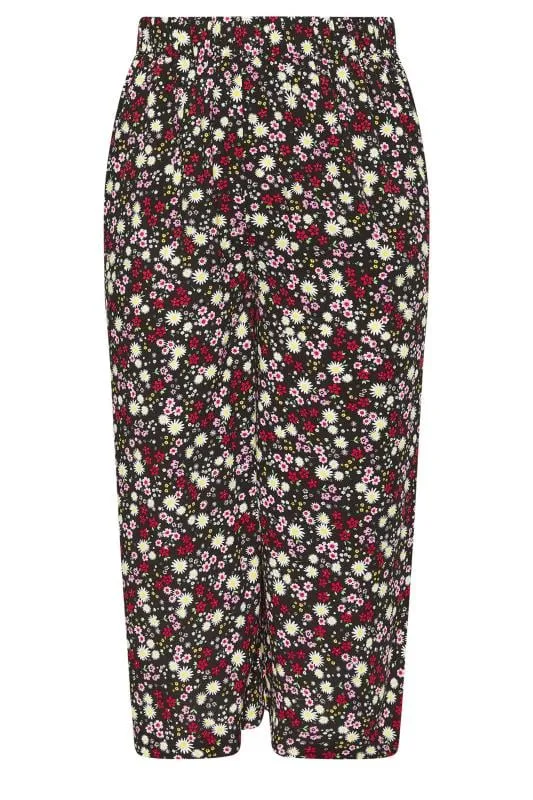 YOURS - Pantacourt Noir & Rouge Fleuri Coupe Wide Leg