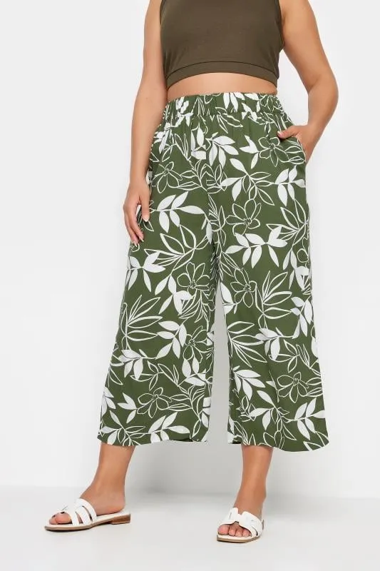 YOURS - Pantacourt Vert & Blanc Feuilles Coupe Wide Leg