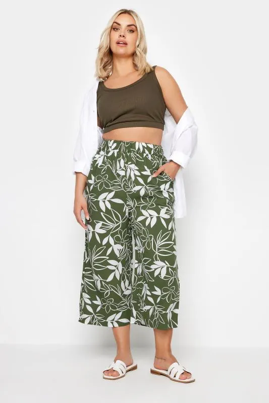 YOURS - Pantacourt Vert & Blanc Feuilles Coupe Wide Leg