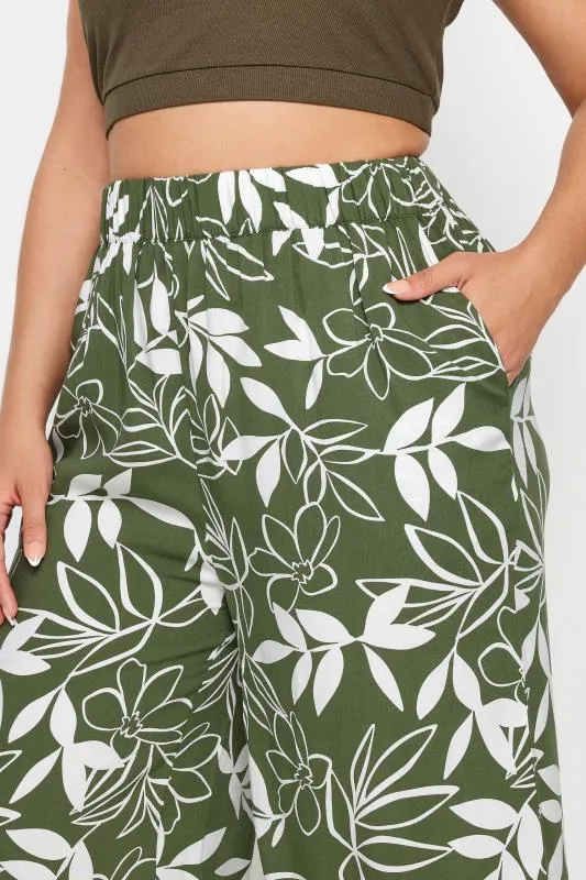 YOURS - Pantacourt Vert & Blanc Feuilles Coupe Wide Leg